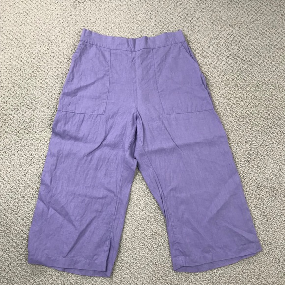 Flax Pants - Flax Purple 100% Linen Cropped Wide Leg Pants Elastic Waist Boho Womens Petite P